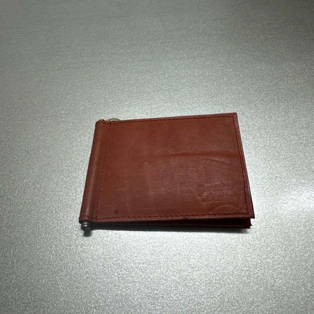 Vintage Brown Genuine Leather Bifold Money Clip Wallet - Brass Spring Clip